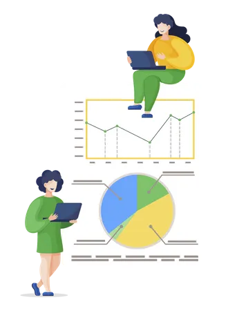 Weibliche Teamkolleginnen, die an der Datenanalyse arbeiten  Illustration