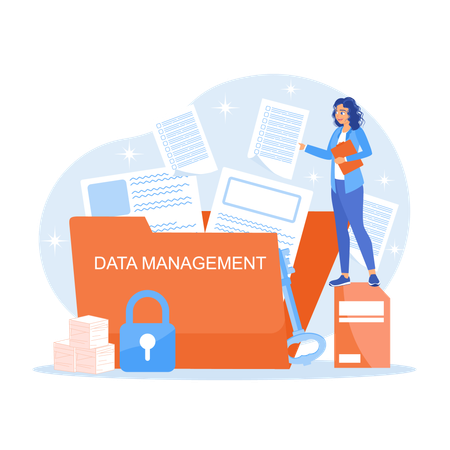 Weibliche Mitarbeiter sammeln effizient Daten und speichern Daten sicher  Illustration