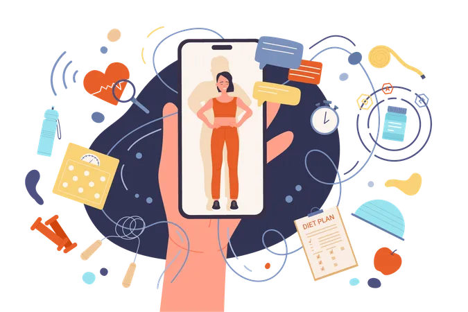 Cartoon Hand Holding Phone With Happy Slim Girl In Sportswear On Screen Diet Plan With Healthy Food And Vitamin Supplements Sport Workout In Gym Weight Loss With Mobile App Dark Vector Illustration Illustration