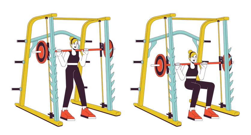 Working Out On Weight Power Rack Flat Line Vector Spot Illustration Smith Machine Sportswoman 2 D Cartoon Outline Character On White For Web UI Design Athletic Editable Isolated Color Hero Image Illustration