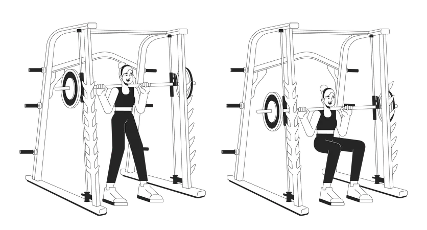 Working Out On Weight Power Rack Bw Vector Spot Illustration Smith Machine Sportswoman 2 D Cartoon Flat Line Monochromatic Character For Web UI Design Athletic Editable Isolated Outline Hero Image Illustration