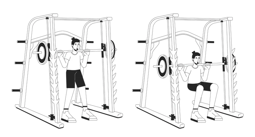 Muscle Building With Weight Power Rack Bw Vector Spot Illustration Sportsman 2 D Cartoon Flat Line Monochromatic Character For Web UI Design Gaining Muscle Mass Editable Isolated Outline Hero Image Illustration