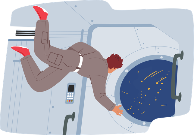 Weightless Astronaut Floats Inside The Spaceship  イラスト