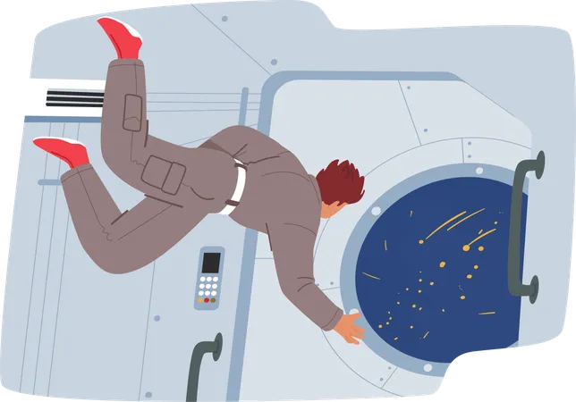 Weightless Astronaut Floats Gracefully Inside The Spaceship Gazing Through The Window At The Awe Inspiring Vastness Of Outer Space In The Mesmerizing Cosmic Backdrop Cartoon Vector Illustration イラスト