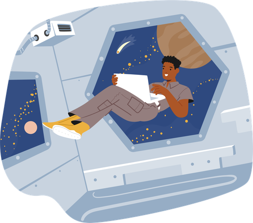 Weightless Astronaut Floats With Laptop In Spaceship  Illustration
