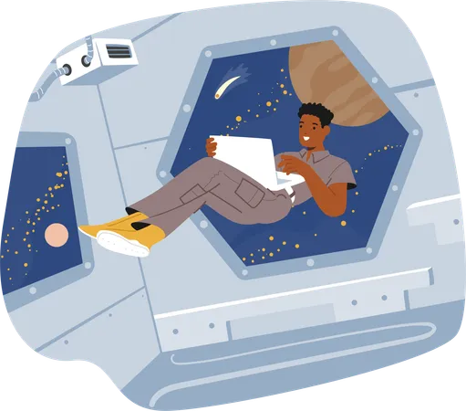 Weightless Astronaut Floats With A Laptop In A Spaceship The Mesmerizing View Of Outer Space Through The Window Enhances The Surreal Experience Of Working In Zero Gravity Cartoon Vector Illustration Illustration