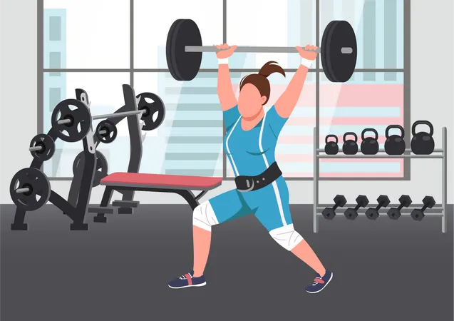 Weightlifting Flat Color Vector Illustration Strong Sportswoman Female Athlete Lifting Barbell 2 D Cartoon Character With Gym On Background Professional Powerlifter Training Bodybuilding Exercise Illustration