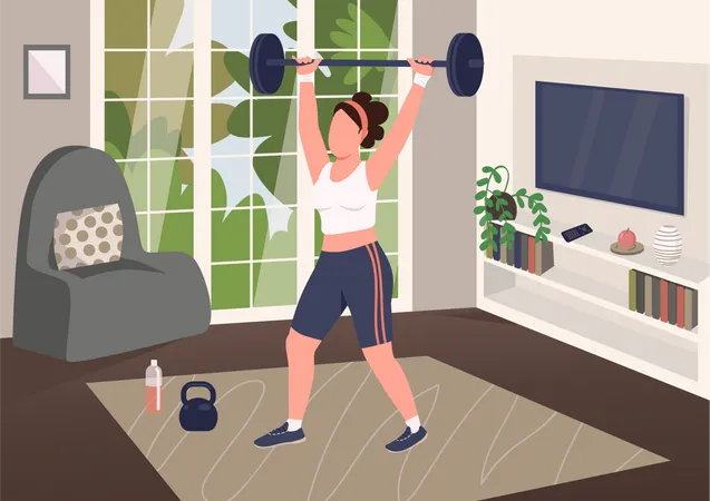 Weightlifting At Home Flat Color Vector Illustration Strong Woman Amateur Powerlifter Working Out 2 D Cartoon Character With Living Room On Background HIIT Intense Bodybuilding Training Illustration