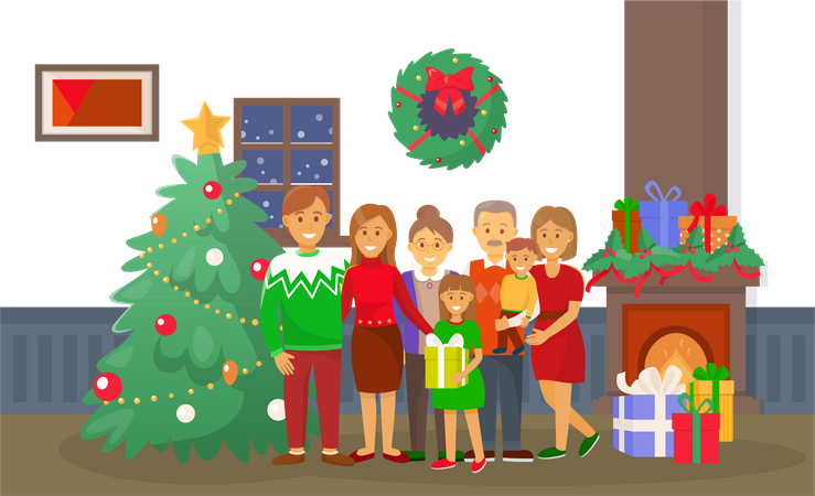 Weihnachtsfamilie zu Hause  Illustration