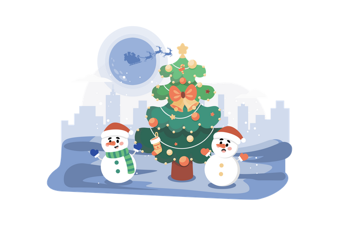 Weihnachtsbaum mit Schneemann  Illustration