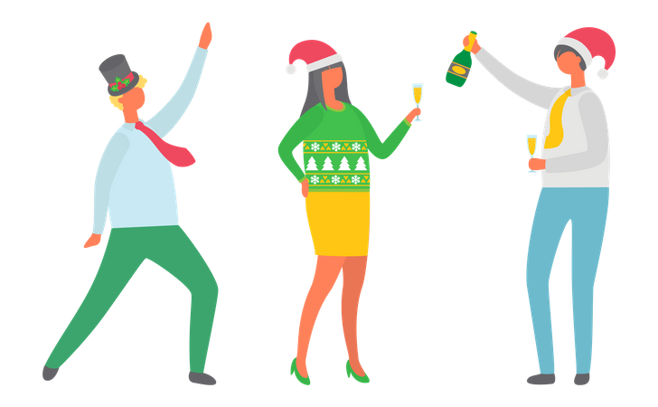 Weihnachtsfeier mit Freunden, die zusammen tanzen  Illustration