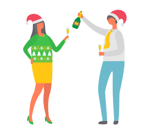 Weihnachtsfeier, Pärchen trinkt Alkohol Champagner  Illustration