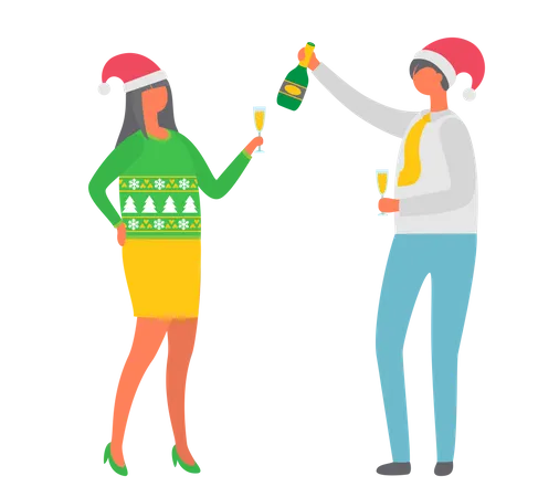 Weihnachtsfeier Parchen Trinkt Alkohol Und Champagner Leute Feiern Neujahr Frau Tragt Symbolische Rote Weihnachtsmannmutze Illustration