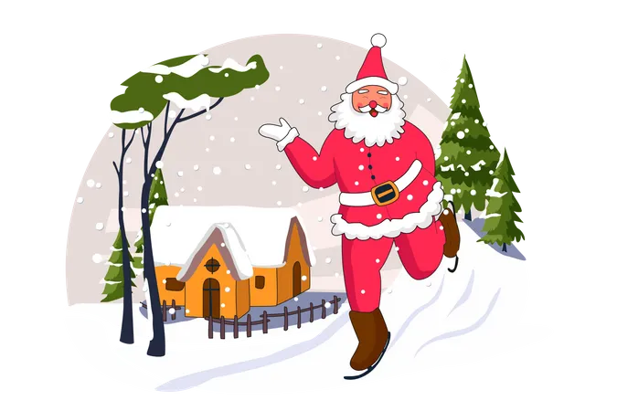 Weihnachtsmann beim Schlittschuhlaufen  Illustration
