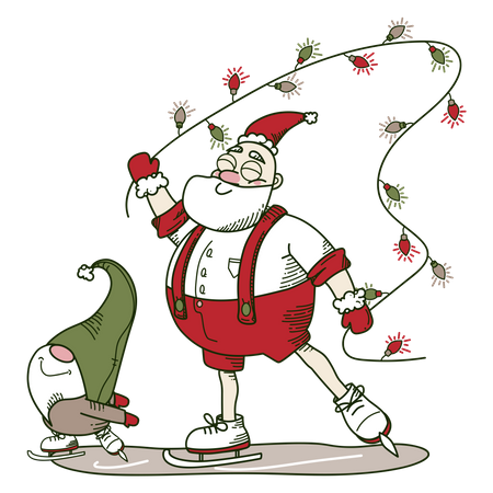 Weihnachtsmann beim Schlittschuhlaufen mit Girlande  Illustration