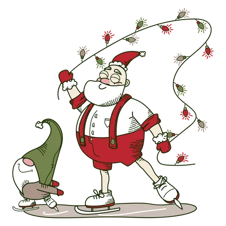 Weihnachtsmann beim Schlittschuhlaufen mit Girlande  Illustration