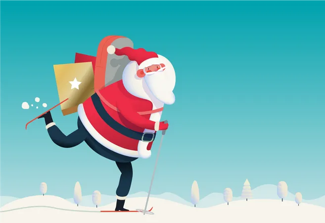 Weihnachtsmann mit Geschenktüten beim Skifahren  Illustration