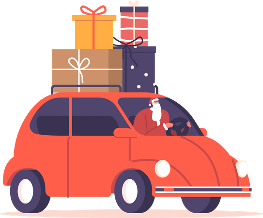 Weihnachtsmann fährt Auto mit Weihnachtsgeschenken auf dem Dach  Illustration