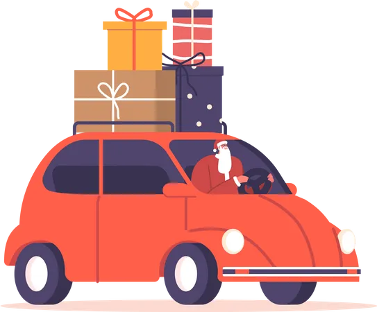 Weihnachtsmann fährt Auto mit Weihnachtsgeschenken auf dem Dach  Illustration