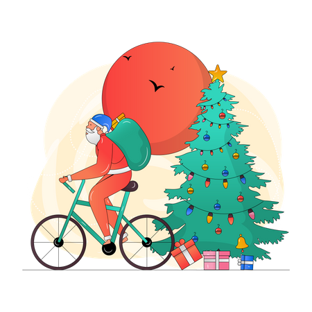 Weihnachtsmann fährt Fahrrad  Illustration