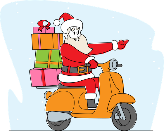 Weihnachtsmann fährt Roller mit Geschenken  Illustration