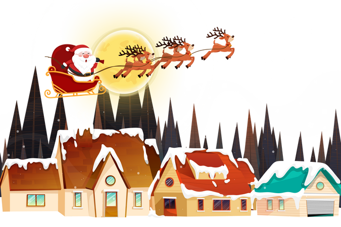 Weihnachtsmann fliegt mit Schlitten in der Weihnachtsnacht  Illustration