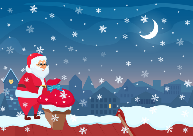 Der Weihnachtsmann geht in den Schornstein des Hauses  Illustration