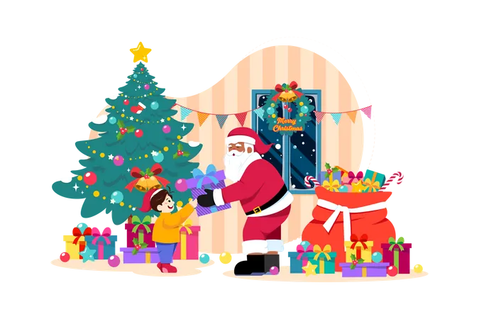 Weihnachtsmann verteilt Weihnachtsgeschenke  Illustration