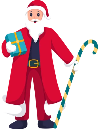Weihnachtsmann mit Geschenkbox und großen Süßigkeiten  Illustration
