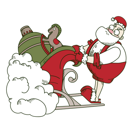 Der Weihnachtsmann holt einen Schlitten mit Geschenken heraus  Illustration
