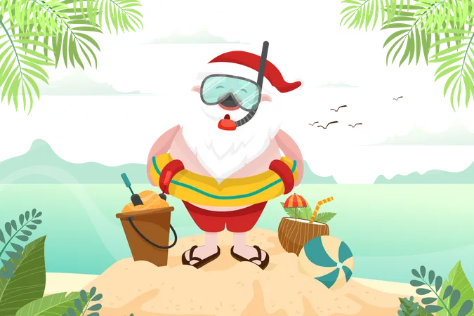 Weihnachtsmann trägt Taucheranzug am Strand  Illustration