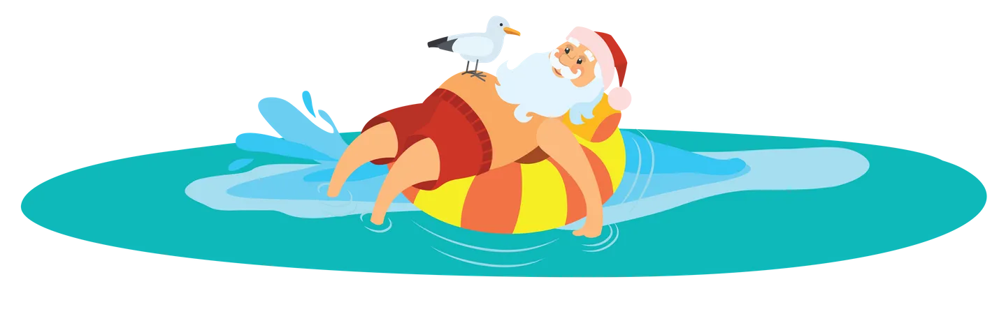 Weihnachtsmann liegt auf Schwimmring  Illustration