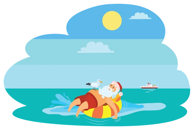 Weihnachtsmann liegt auf Schwimmring  Illustration