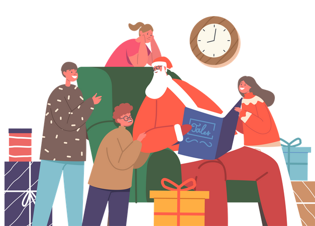 Der Weihnachtsmann liest Kindern Geschichten vor  Illustration