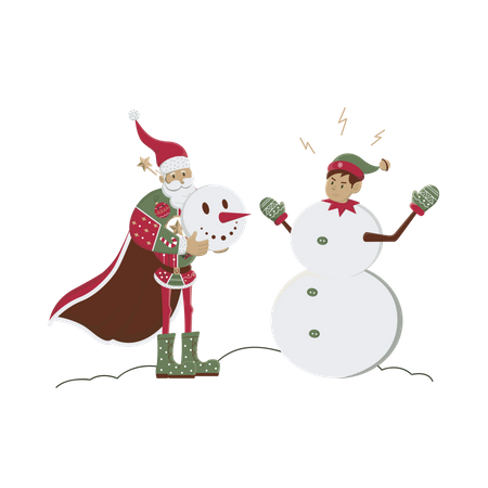 Weihnachtsmann verkleidet Elf als Schneemann  Illustration