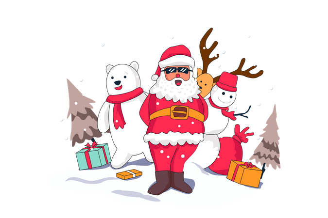 Weihnachtsmann mit Bär und Schneemann  Illustration