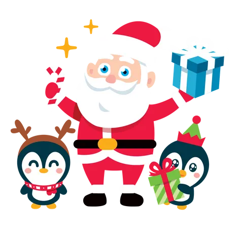 Weihnachtsmann mit Pinguinbabys und Geschenken  Illustration