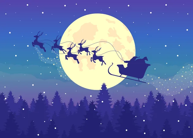 Weihnachtsmannschlitten mit Rentiersilhouette am Nachthimmel  Illustration