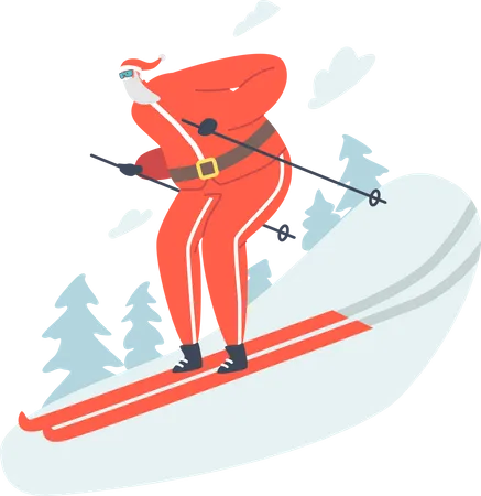 Weihnachtsmann-Skifahrer fährt in der Wintersaison bergab  Illustration