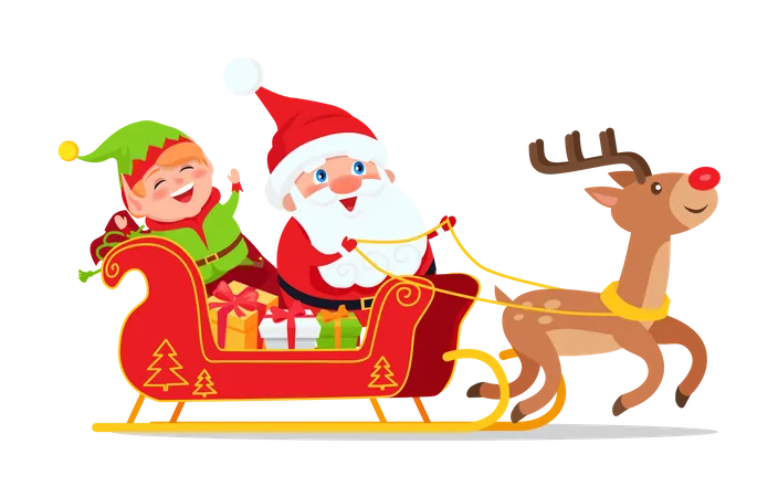 Frohe Weihnachten Grosse Karte Mit Weihnachtsmann Elf Und Hirsch Vektor Festfiguren In Der Kutsche Auf Dem Weg Um Geschenke In Jedes Zuhause Zu Bringen Illustration