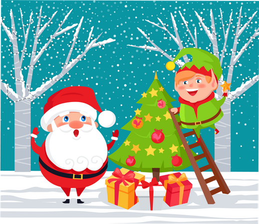 Weihnachtsmann und Elfe schmücken Weihnachtsbaum  Illustration