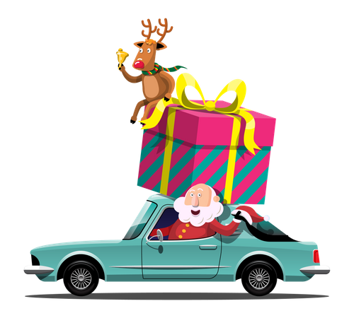 Weihnachtsmann und Rentier fahren ein Auto, um Weihnachtsgeschenke auszuliefern  Illustration