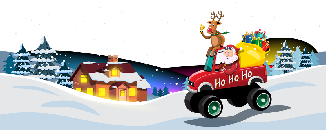 Weihnachtsmann und Rentier fahren Auto, um Weihnachtsgeschenke auszuliefern  Illustration