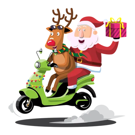 Weihnachtsmann und Rentier fahren auf einem Motorrad, um Weihnachtsgeschenke auszuliefern  Illustration