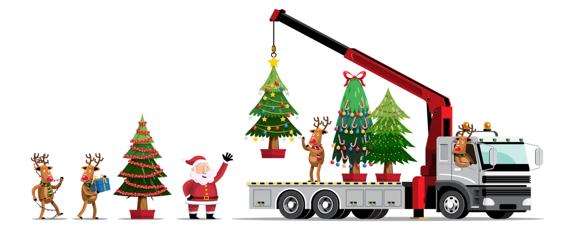 Weihnachtsmann und Rentier laden Weihnachtsbäume mit Kran in LKW  Illustration