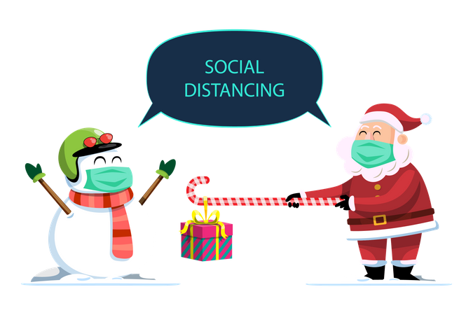 Weihnachtsmann und Schneemann halten soziale Distanz  Illustration