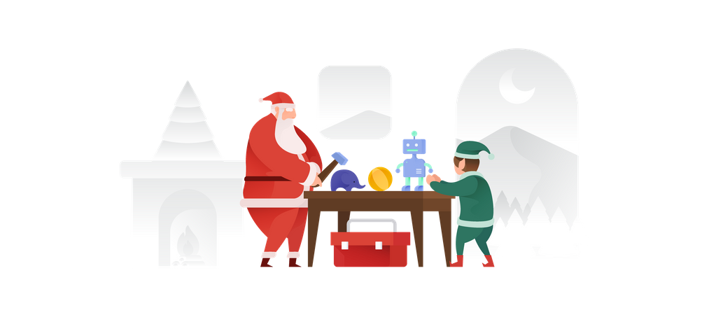 Der Weihnachtsmann und sein Elf basteln Spielzeuge  Illustration