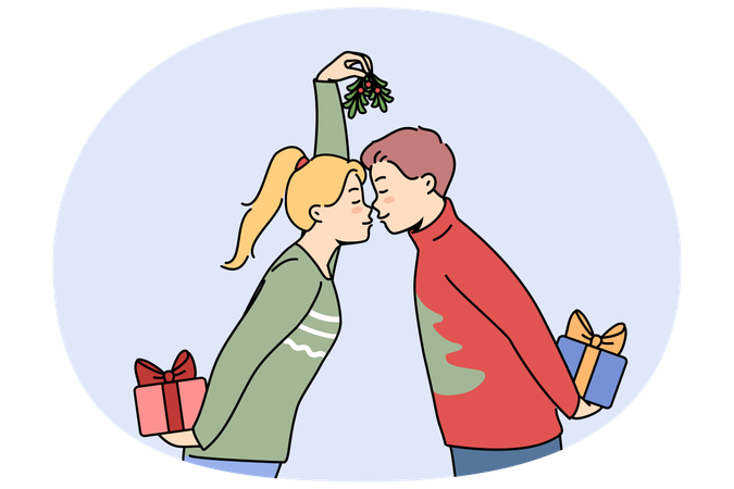 Weihnachtspaar mit Geschenkboxen küsst und hält Tannenzapfen in den Händen und tauscht Neujahrsgeschenke aus  Illustration