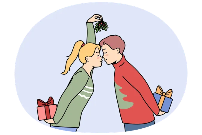 Weihnachtspaar mit Geschenkboxen küsst und hält Tannenzapfen in den Händen und tauscht Neujahrsgeschenke aus  Illustration