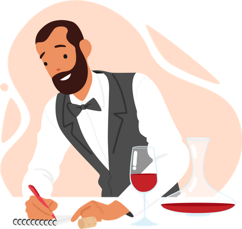 Sommelier verkostet Getränke und macht sich Notizen im Notizbuch  Illustration